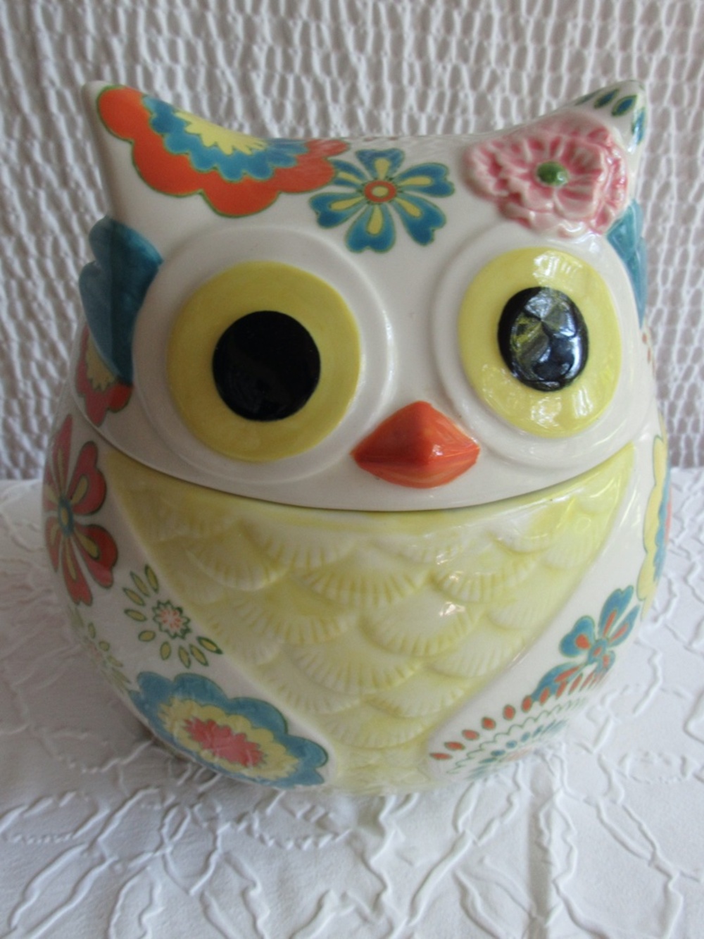 Pier One Owl Cookie Jar Storage Container Hand Painted Stoneware